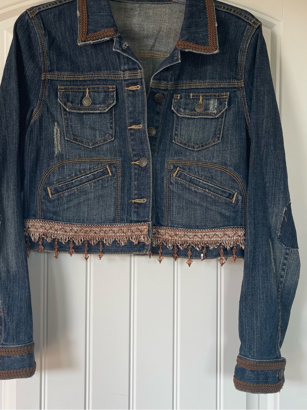 Cropped Dark Blue Denim Jacket with Beaded Fringe